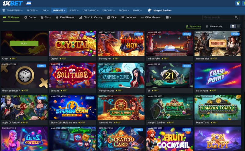 1xBet 1xGames lobby showing crash games including Aviator where the bet-cancel trick works