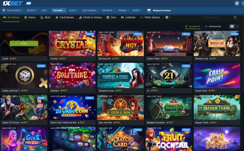 1xBet 1xGames lobby showing crash games including Aviator where the bet-cancel trick works