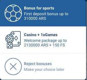 1xBet bonus selection screen — choose Casino + 1xGames for welcome package or Sports for betting bonus