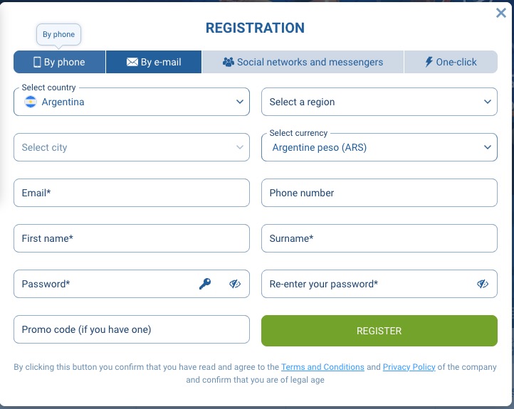 1xBet registration form showing promo code field where you enter your bonus code