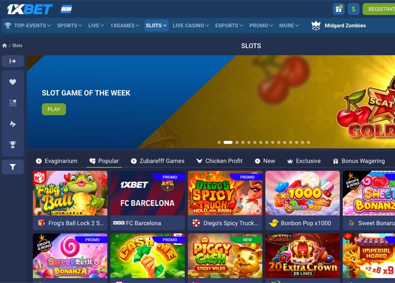 1xBet slots lobby showing games with Buy Bonus feature like Sweet Bonanza and Gates of Olympus